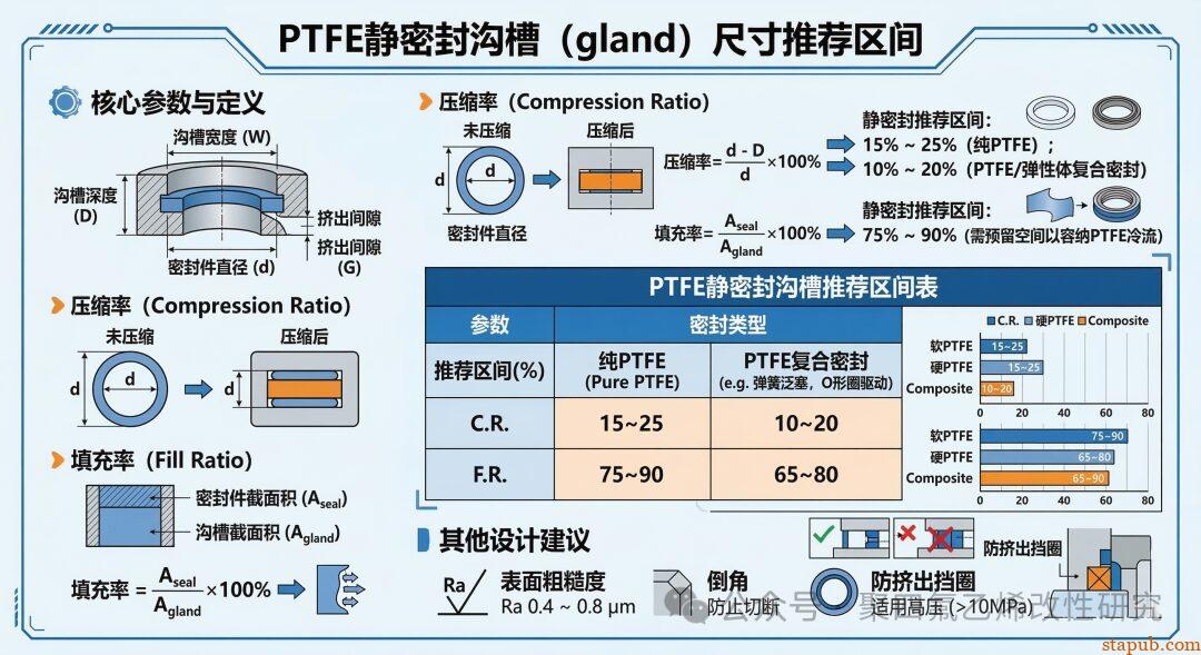 PTFE静密封沟槽（gland）尺寸（压缩率/填充率）推荐区间
