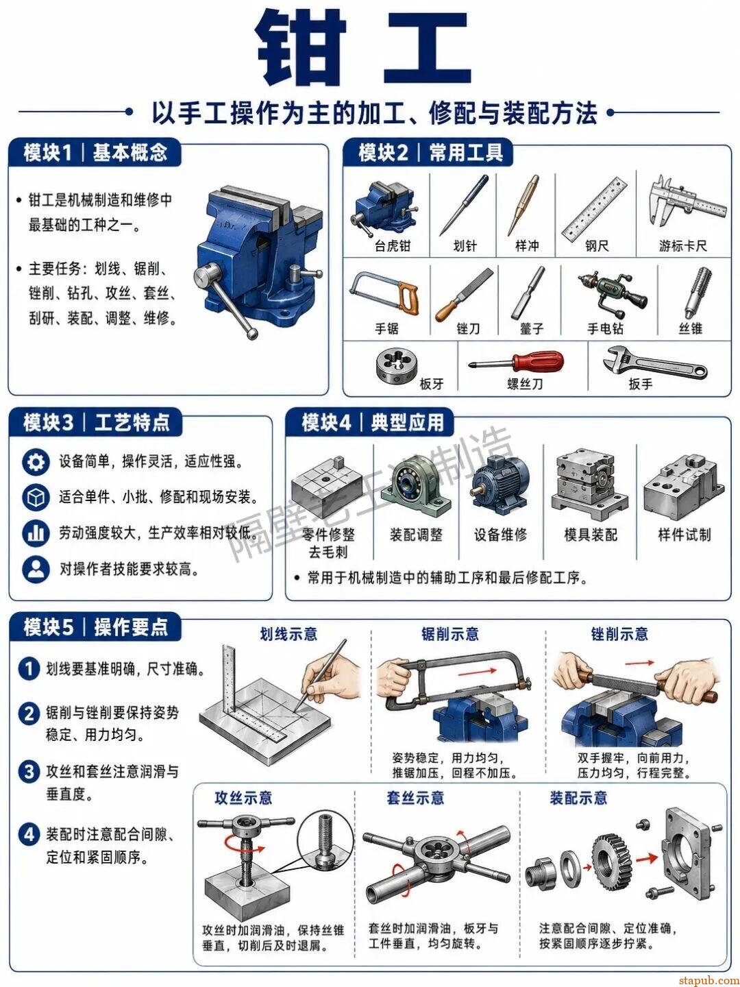 机械加工知识：车、铣、钻、镗、磨、刨、插、铸、锻、焊、热处理、钳工